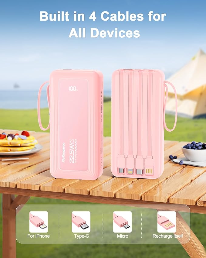 Portable Charger with Built in Cables, Slim 20000mAh Fast Charging 22.5W Power Bank USB C LED Display Battery Pack 6 Outputs & 2 Inputs for iPhone Samsung Pixel LG Moto iPad