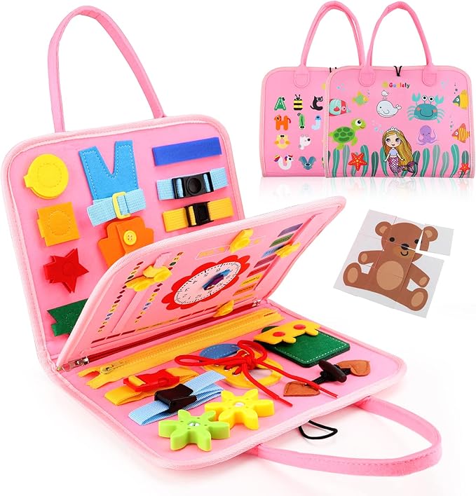 Guolely Busy Board Montessori Toy for 3-6 Year Old Toddlers - Educational Activity Developing Sensory Board for Basic Dress Fine Motor Skills - Travel Toys for Plane Car, Gift for Boys Girls