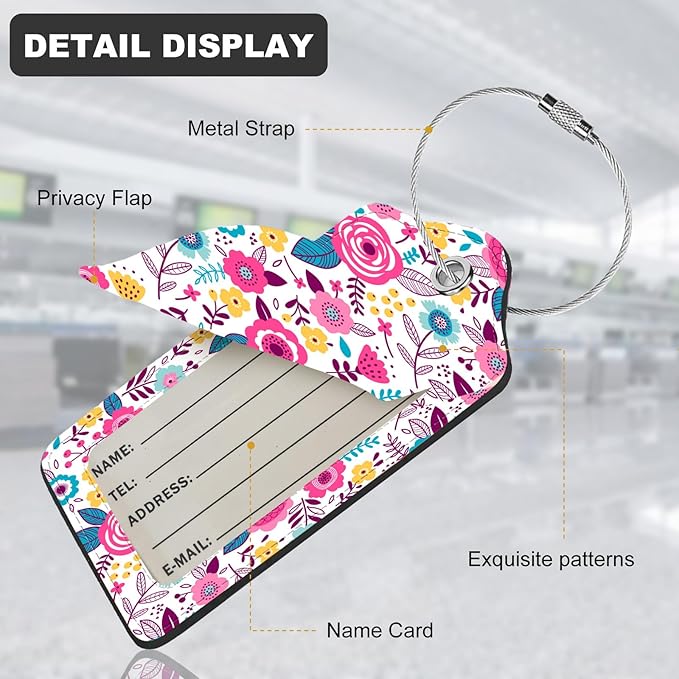 2Pack Luggage Tags for Suitcases, Cute Unique Pu Leather Cruise Luggage Tag with Privacy Cover ID Label Address Card and Metal Ring Suitable for Women Men Kids Travel Bag Pink and Yellow Flowers 1