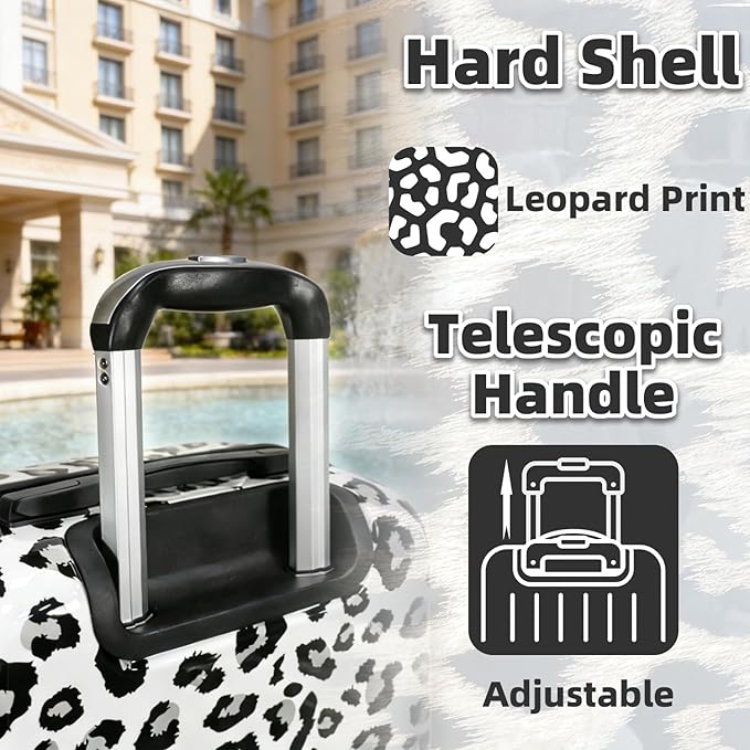 Luggage Sets 4 Piece Leopard Print, ABS+PC Hardside Suitcase Set with 360° Silent Spinner Wheels, TSA Lock, Lightweight Rolling Travel Luggage with Adjustable Handle, 14/20/24/28 Inch (Leopard White)