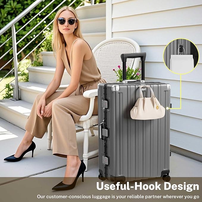Krute Zipperless Luggage Set 2 Pieces Aluminum Frame Suitcase Sets Polycarbonate Hard Shell Luggage TSA Lock Checked Suitcase with Spinner Wheels Gray