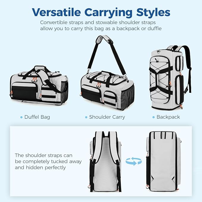 Searock 45L Gym Bag for Men, 3-In-1 Duffle Bag Backpack for Travel, Sports Duffel Bags for Gym Workout, Weekender Overnight Bag with Shoe Compartment, Wet Pocket, Gray