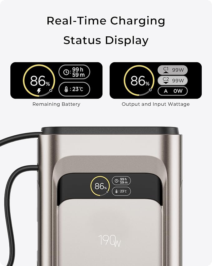 2026 FIFA Licensed 190W 20000mAh Power Bank for Laptop Portable Charger,3-Port USB-C Fast Charging Battery Pack with Built-in Retractable Cables for MacBook,Cell Phones,iPhone 17,iPad,Android,Samsung
