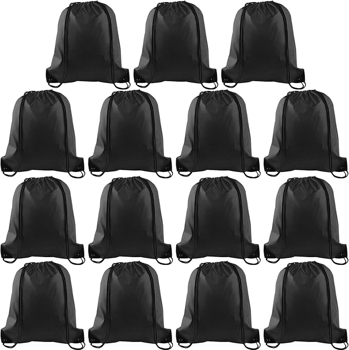 PLULON 15 Pcs Black Drawstring Bags, Drawstring Backpack Bulk, Classic Gym Backpack Bags for Yoga Traveling Outdoor Sports