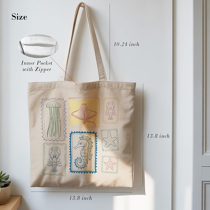 Aesthetic Canvas Tote Bag, Cute Reusable Bags for Women with Inner Pocket