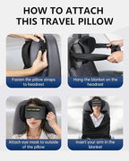 Travel Pillow and Blanket Set, Compact Airplane Pillow Bag with Eye Mask for Long Flights Sleeping, 360° Support Head Strap Travel Essentials for Plane Car Sleep Neck Upright, Stop Head Drop(Grey)