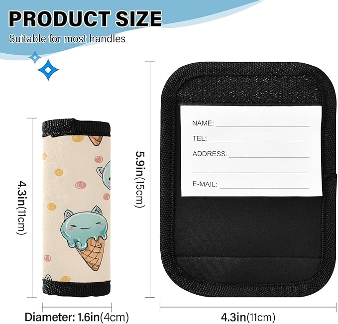 Blue Cat Ice Cream Luggage Handle Wrap for Suitcase Luggage Tags Handle Covers Identifiers Soft Decorations Travel Accessories 2 Pack