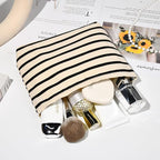 SOIDRAM 2 Pieces Makeup Bag Large Stripe Cosmetic Bag Capacity Canvas Mix Travel Toiletry Bag Organizer Cute Makeup Brushes Aesthetic Accessories Storage Bag for Women, Stripe Mix White