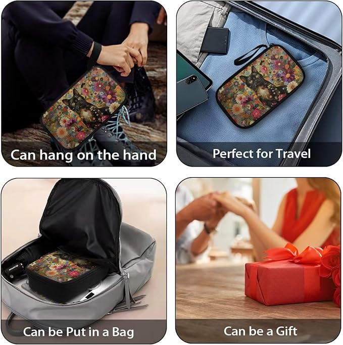 Black Cat Cable Organizer Bag Tech Pouch Portable Electronics Organizer Travel Case for Phone Power Bank SD Card Electronic Accessories Carry Case