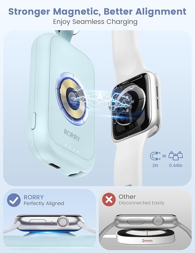 RORRY CharmGo Charger for Apple Watch Series 10, 2500mAh Fast Charging Portable Charger for iWatch, Travel Charger with Built-in USB C Cable for Apple Watch Ultra Series 9 8 7 6 3 Accessories, Blue