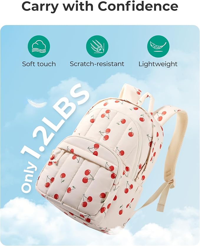 BAGSMAT Womens Backpack Small Travel Laptop Backpack for Women, Quilted College Laptop Bookbag, Work Back Pack for Women, Cute Computer Water-Resistant Casual Daypack,Strawberry Print