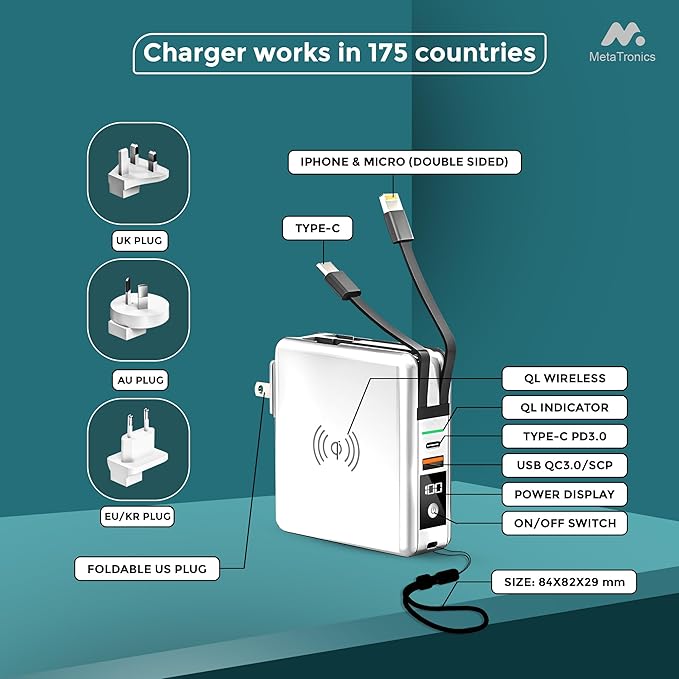 5-in-1 Travel Power Bank with Wall Plug — 10000mAh MagSafe Wireless Portable Charger with Built-in USB-C & Lightning Cables + Universal International Travel Adapter (US/Asia/Europe/Asia)