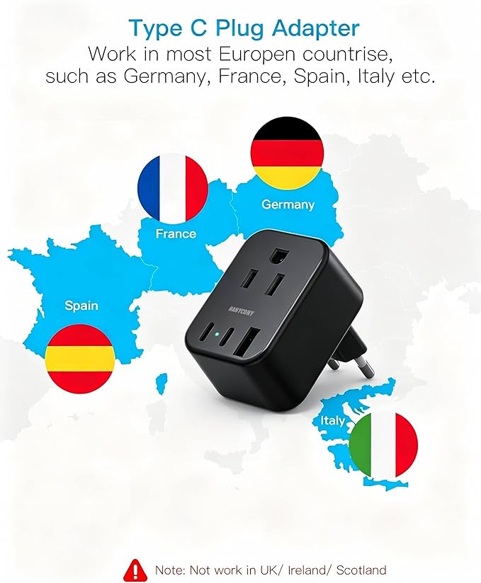 Black European Travel Plug Adapter USB C, International Plug Adapter, US to Europe Adapter Plug 2 Outlets 3 USB Ports(2 C Port), Type C Power Adapter to Iceland Italy France Portugal Spain Germany