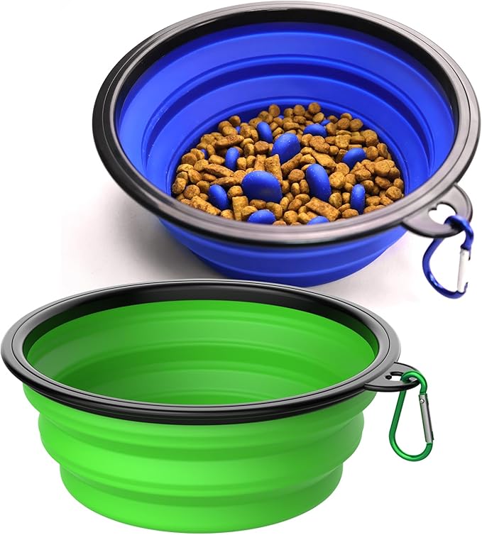 Collapsible Dog Bowls [2 Pack] 34 oz, Slow Feeder Bowl, Travel Dog Bowls Pet Portable Foldable Water Food Feeding Dishes with Carabiner Clip for Traveling Hiking Walking-Green & Blue