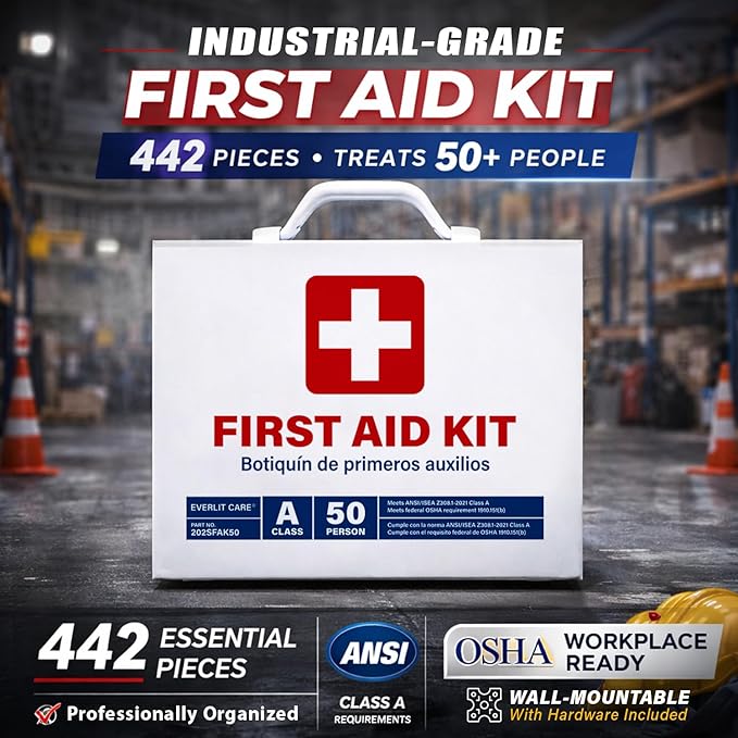 EVERLIT CARE 2-Shelf OSHA-Compliant First Aid Kit, ANSI Class A 50 Person Emergency First Aid Cabinet for Buiness, Job Site, Industrial Manufacturing Facility, Restaurant, and Kitchen