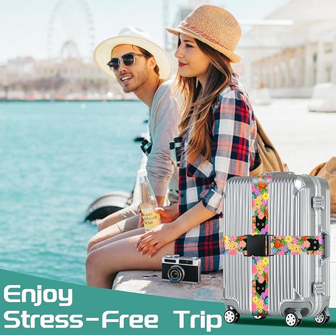 Slohif Luggage Straps for Suitcases Travel Belt Accessories Luggage Connector Identifiers 2 Pack Over Handle with Buckle Unique Nylon Adjustable Strap for Sleeping Bag Car Seat Cat