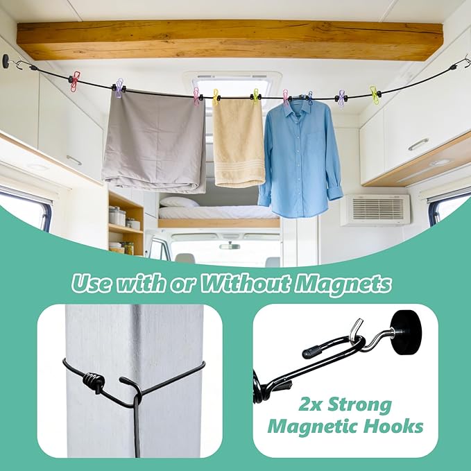 Magnetic Travel Clothesline for Cruise Ship - Retractable Clothesline Cruise Essentials Approved 2026 Stretches to 10ft with Magnetic Hooks,Positioning Beads&12 Anti Slip Clips for RV Camping Ship