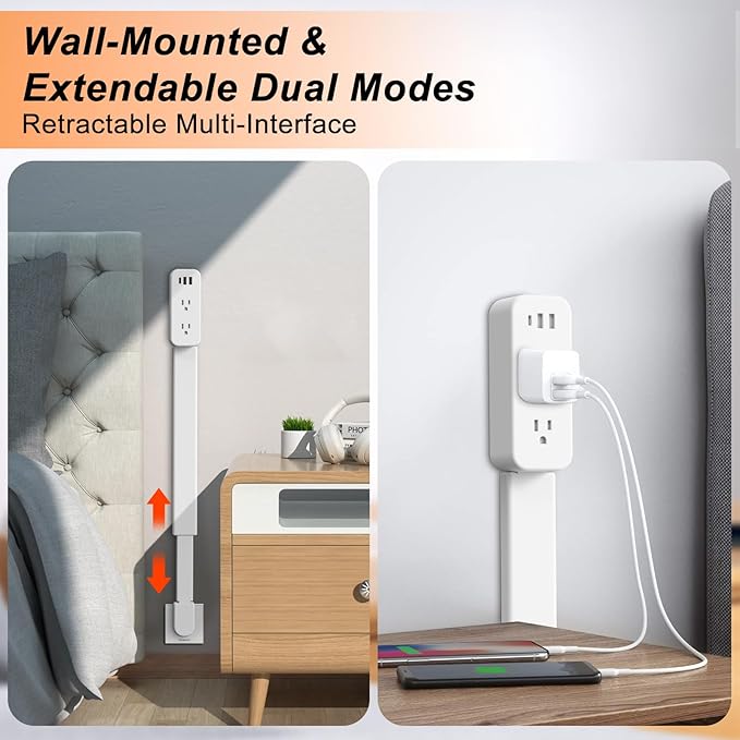 Outlet Extender Stick - Features USB-A, USB-C and 2 AC Outlets, Extends 22"-34", Rotates 180° Access Hard-to-Reach Outlets, Wall Plug Power Socket Expander Nightstands, Sofa, Desks and More