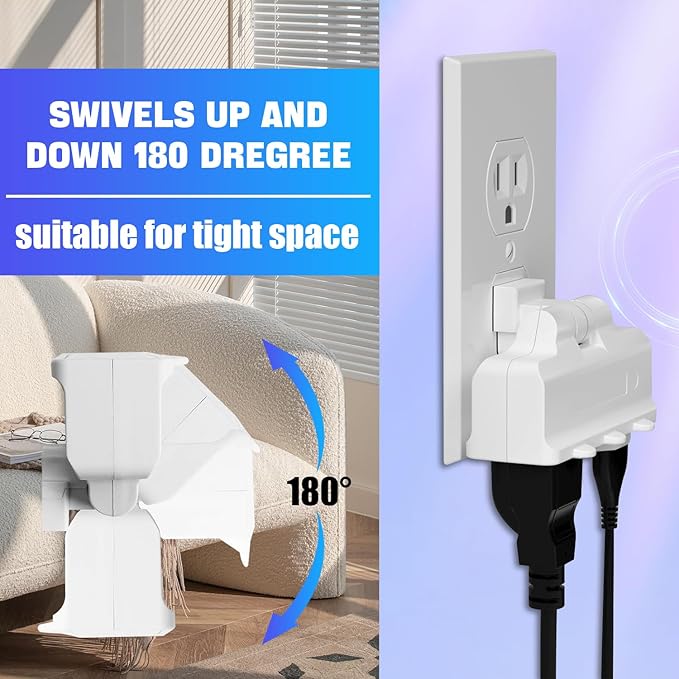 Multi Plug Outlet Splitter, 3 Outlet Adapter Grounded 180 Degree Swivel Wall Plug Outlet, UL Listed 3-Outlet Extender, Grounded Wall Tap Power Plug Expander for Household Appliances (1 Pack)