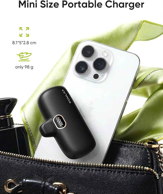 Kuulaa Small Portable Charger iPhone with Built-in Lightning Cable 5000mAh Power Bank Fast Charging for iPhone 14/13/13 Pro/12/12 Pro/11/XR/XS/X/8/7/6 Black