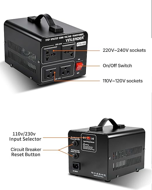 Yinleader 1500W 110V to 220V or 220V/230V/240V to 110V/120V Power Converter Step Up/Down Voltage Transformer Converter for Use 220V Overseas Appliances