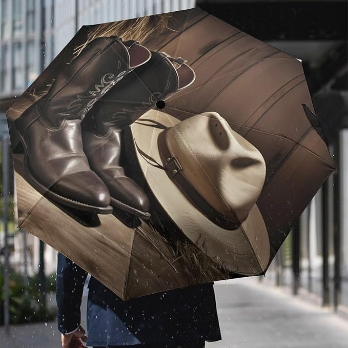 Cowboy Black Hat Western Boots Umbrellas for Rain Portable Travel Umbrellas Lightweight Automatic Windproof Folding Umbrella Compact Outdoor Beach Umbrella for Women, Men