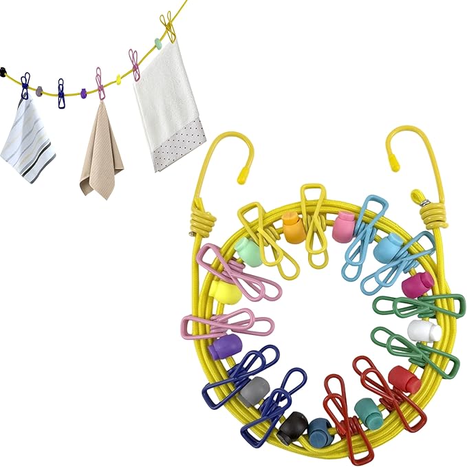 Portable Travel Clothesline,Adjustable Elastic Stretch Line with 12pcs Clothes Clips,for RV Outdoor and Indoor Camping Accessories (Yellow)