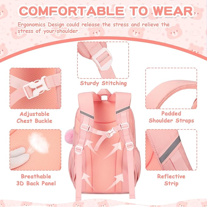 PIG PIG GIRL Kids Backpack for Girls School Bags for Middle School Students Book Bag for Elementary Primary Kawaii Ita Backpack, Pink and Beige