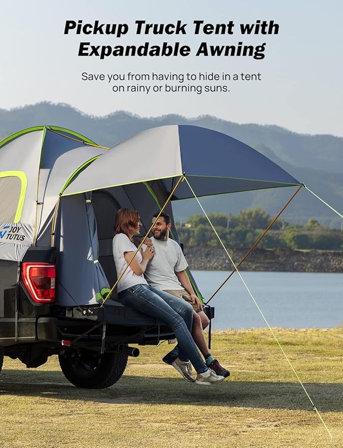 JOYTUTUS Pickup Truck Tent 5.0ft Bed Tent with Removable Awning, Waterproof PU2000mm Double Layer for 2 Person, Portable Truck Bed Tent - Green, Aluminum Pole