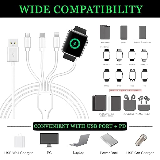 TOP-UP 4 in 1 Watch & Phone Charger Cable – Travel Essentials Multi Charging Cable for Apple Watch, iPhone, USB-C & Micro, Multi Device Charger Cord, 4FT