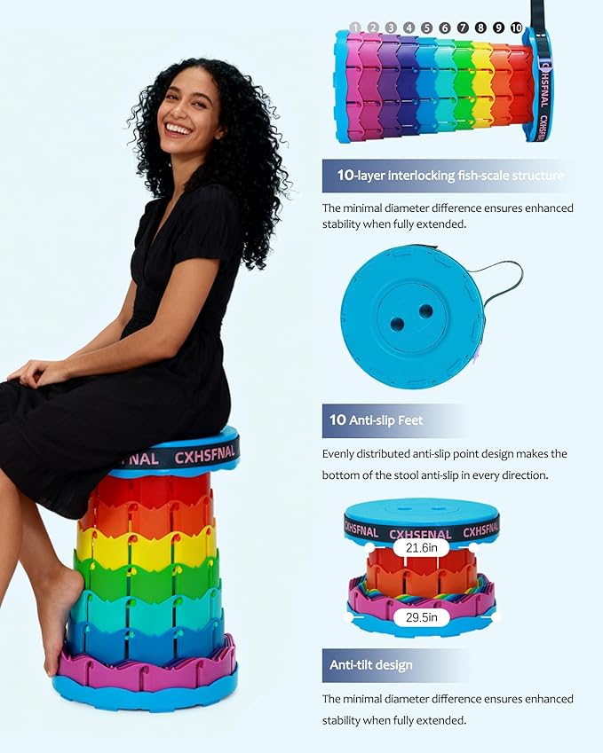 2 Pack Portable Collapsible Stools - Adjustable Folding Stool for Adults, Retractable Foldable Seat with Load Capacity 400lbs for Camping, Hiking, Fishing, Outdoor/Indoor, Multicolored