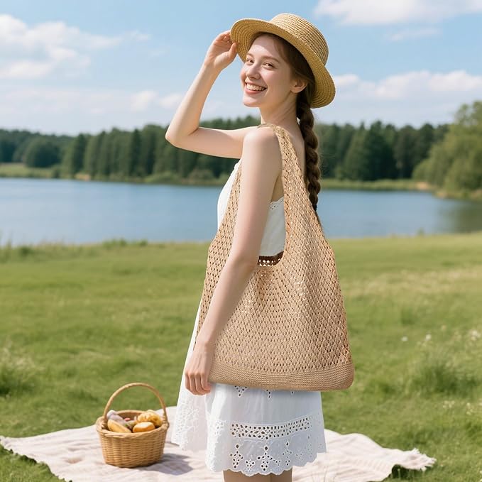 WantGor Crochet Bags, Beach Mesh Tote Bag Womens Shoulder Shopping Handbag Casual Travel Totes Bag Foldable Hobo Bags
