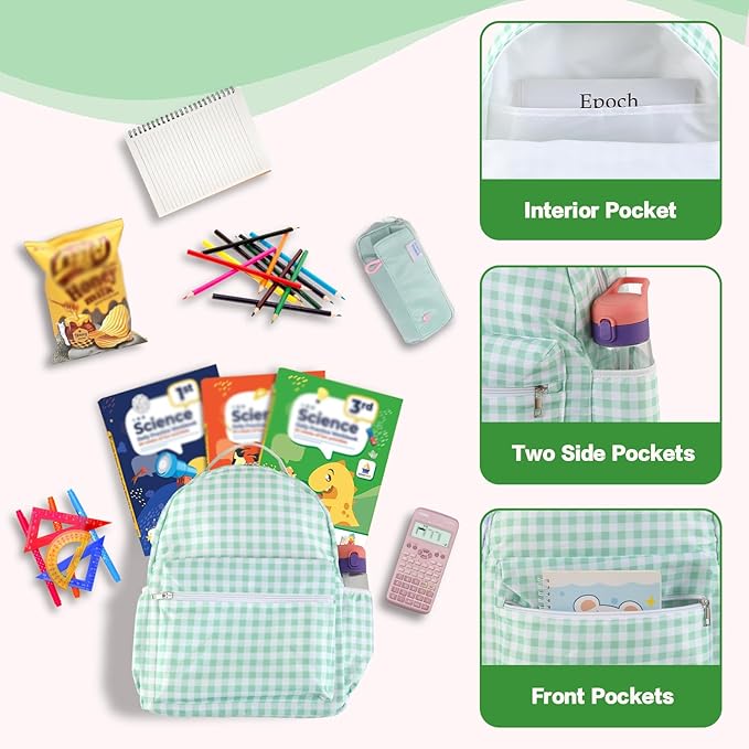 DYSHAYEN Gingham Kids Backpack,15 Inch School Backpack for Girls Boys,Kindergarten Large Bookbag Age 5-8 for Birthday Gifts School Overnight (Green)