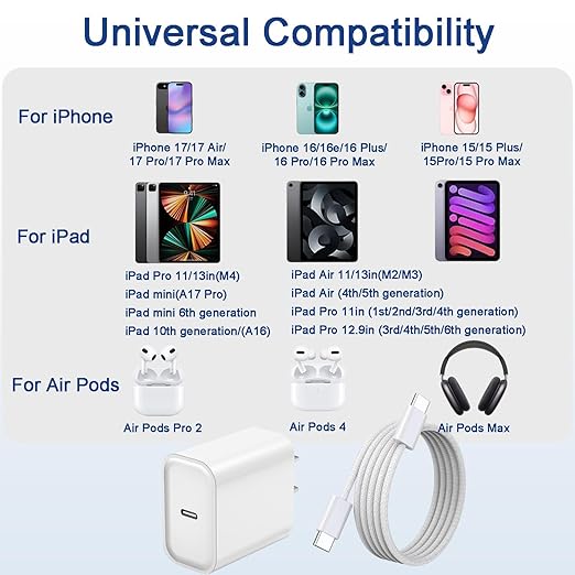 iPhone 17 16 15 Pro Max Charger Fast Charging 3Pack 20W Apple Fast Charger USB C Block with Cord for iPhone 17/17 Pro/17 Pro Max/17 Air/16/16e/16 Plus/16 Pro/16 Pro Max/15/15 Pro Max/iPad Pro/Air Pods