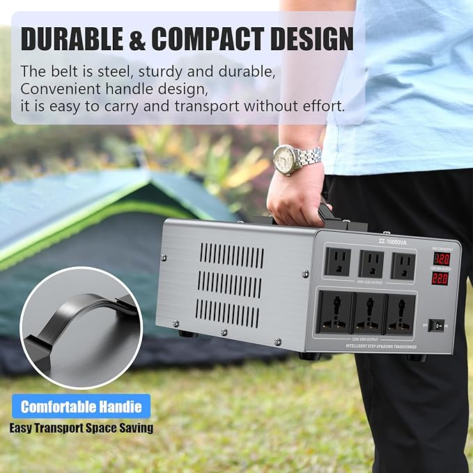 10000W Voltage Converter Transformer Step Up/Down 110V/120V to 220V/240V, Auto Voltage Recognition, Heavy Duty Power Converter with 6 Outlets, LCD Display & Circuit Breaker for Home, International Use