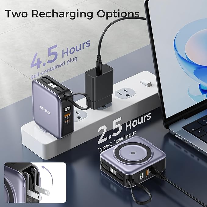 6-in-1 Magnetic Portable Charger 10000mAh – 22.5W Fast Charging with AC Wall Plug Built-in USB-C & Lightning Cables for iPhone 17/16/15/14/13/12, Android & Samsung (Silver Gray)
