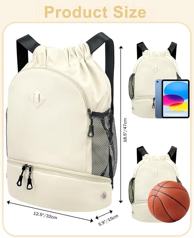RHDZO Drawstring Backpack Gym Backpack with Shoe Compartment for Men Women String Sports Bag with Wet Pocket Cinch Swim Beach Bag, Large Beige