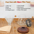Coffee Pour Over 13.5oz 400ml High Borosilicate Glass Pour Over Coffee Maker Set Camping Travel with 50 Pcs V60 Cone Filter Paper Hand Brew Carafe Drip Suitable for Electric Ceramic Stove