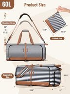 Lekesky Foldable Travel Duffle Bag for Women, 60L Large Duffel Bag with Separate Shoes Compartments & Straps, Carry On Weekend Bag for Women, Hospital, Overnight (Blue Stripes)