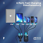 6 Multi Ports USB C Car Charger, 123W Fast Car Charger Adapter, PD 45W Compatible with iPhone17/Galaxy/Samsung S25, Type C Cigarette Lighter USB Charger with 5.7FT Cable for Rear Seat Charging(Black)
