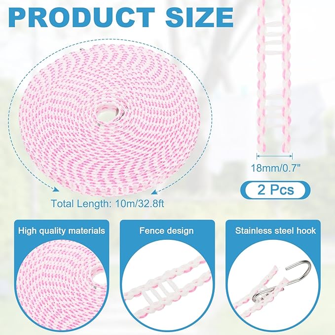 uxcell 2 Pcs Portable Travel Clothesline, 32.8ft Clothes Line Outdoors Travel Hanger Foldable Clothesline Rope with Hooks for Camping Hotel Backyard Home Cruise Ship, Pink