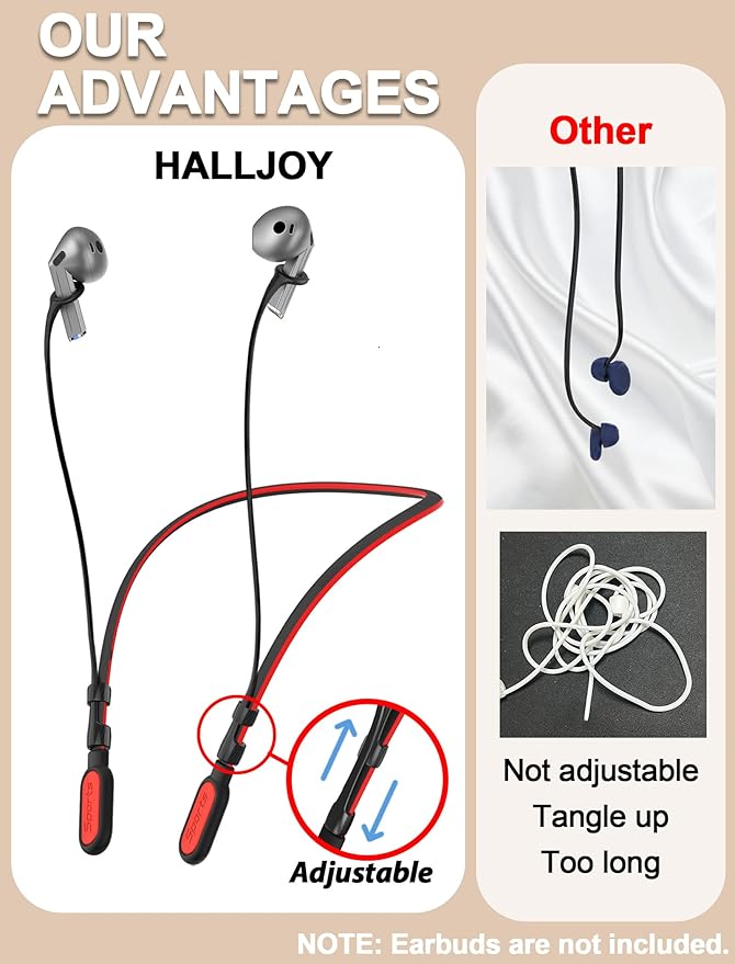 HALLJOY for Galaxy Buds 4/4 Pro/Buds 3/3 Pro Strap Neckband, Anti-Lost Accessories, Support Volume Control, Ergonomic Design, Fit Airpods Pro 3/2/1, Airpods 4, 3, 2, 1, Black Band/Red Tip
