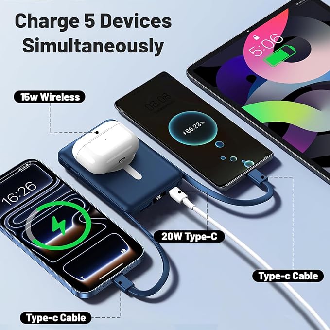 Azmuth for MagSafe Portable Charger, 10000mAh Magnetic Power Bank with 20W PD USB-C Fast Charging LED Display for MagSafe Battery Pack, Magnetic Travel Charger for iPhone 17/16/15/14/13/12 Series