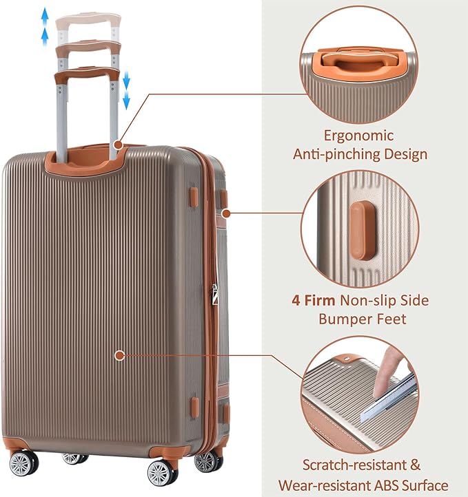 3 Piece Hardshell Luggage Sets 20"+24''+28" Expandable Hardside Luggages Spinner Suitcase with Spinner Wheels & TSA Lock,Lightweight Luggage Sets For Women Men Outdoor Travel Coppery