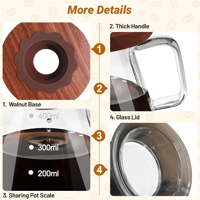 Coffee Pour Over 13.5oz 400ml High Borosilicate Glass Pour Over Coffee Maker Set Camping Travel with 50 Pcs V60 Cone Filter Paper Hand Brew Carafe Drip Suitable for Electric Ceramic Stove