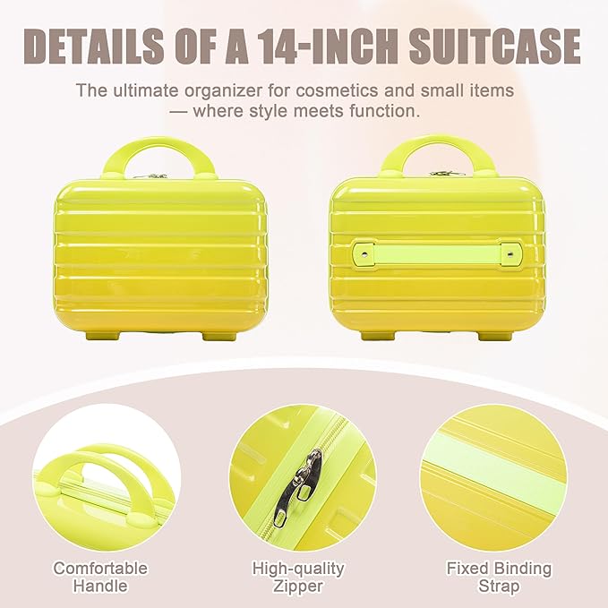 Kids Luggage Sets for Girls, 2 Piece Luggage Set, 20 Inch Rotating Wheel Suitcase with 14 Inch Cosmetic Case, Lightweight Hardshell Suitcase with 360° Spinner Wheels for Travel (Yellow-1)