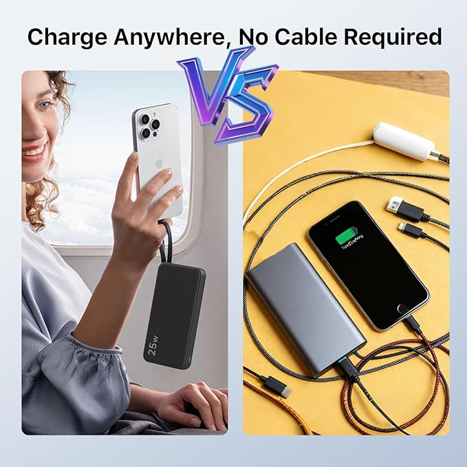 NOBIS Portable Charger 10000mAh 25W Power Bank Fast Charging Battery Pack with Built-in Type-C Cable, USB-C in/Out, USB-A Output with LED Display for Phone 17 S25