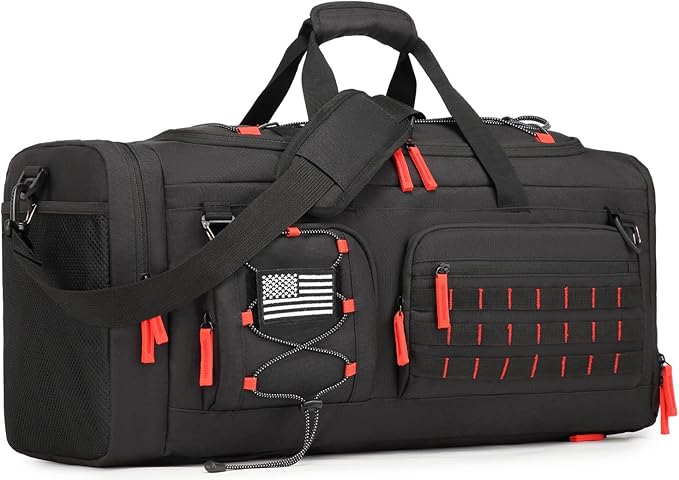 Gym Bag for Men and Women, 50L Extra Large Duffle Bag, 3-in-1 Travel Sports Duffel Bags with Shoe & Laptop Compartment for Overnight Weekender Gym Traveling Workout Deployment, Black+Red