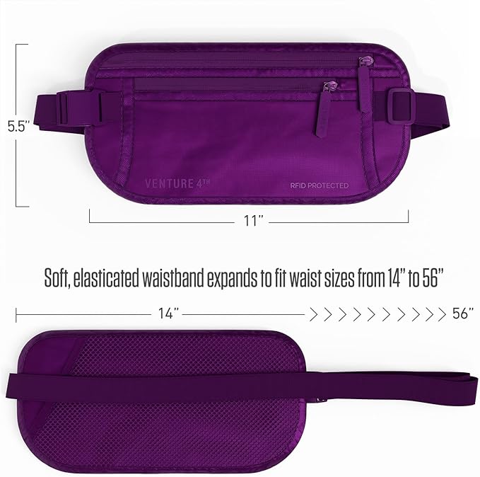 VENTURE 4TH Money Belt for Travel – Slim Hidden Under-Clothes RFID Blocking Anti-Theft Passport Holder & Travel Wallet Pouch for Men & Women to Protect Cash, Cards & Documents (Sleek Purple)