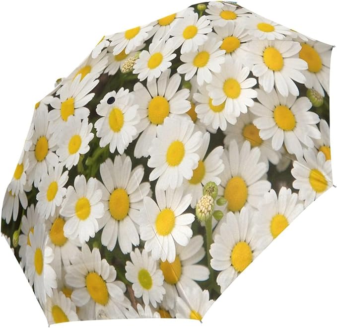 senya White Daisy Compact Travel Umbrella Sun and Rain Windproof Auto Open Close Folding Umbrella